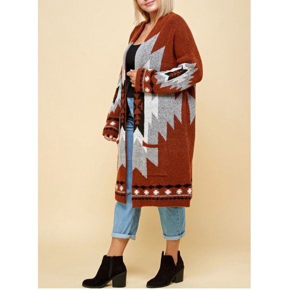 Plus Aztec Tribal Southwestern Cardigan Sweater - Picture 4 of 11